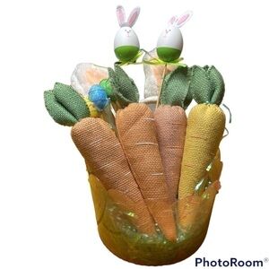 PINK EASTER PAIL WITH BUNNY EARS, LARGE CARROTS AND EGG BUNNY PICKS